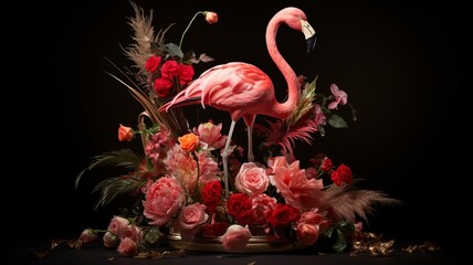 an elegant flamingo standing amidst a New Year's floral arrangement, its graceful silhouette adding a touch of sophistication to the festive setting of 2024.