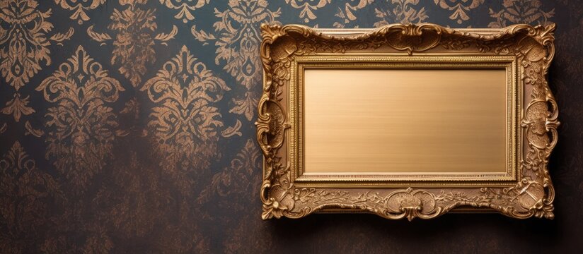The vintage frame with a fancy gold design and a textured wood finish enhances the artwork in the photo creating a stunning concept against the patterned paper background on the wall