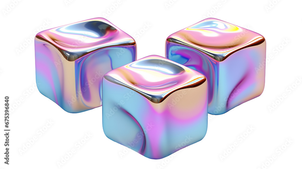 Poster abstract 3d render iridescent box shapes, holographic metallic shapes. generative ai