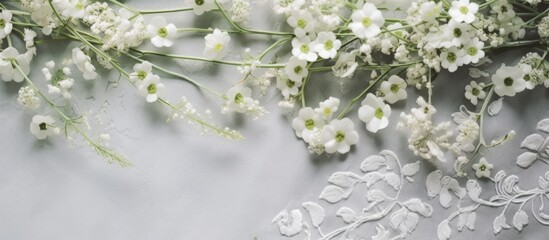 The white floral pattern on the isolated table added a beautiful background to the summer wedding bringing the texture of nature into the spring celebration of love with flowers and leaves 