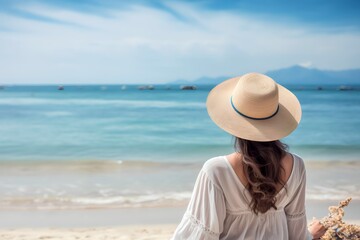 Fototapeta na wymiar back view woman wearing a hat looking at the calm sea and sandy beach