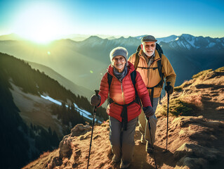 A photo of an elderly couple on a hike up the mountain. - obrazy, fototapety, plakaty