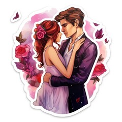 Watercolor couple sticker with the dominant color pink. Romantic clip art for gifts, Valentine's themed printing