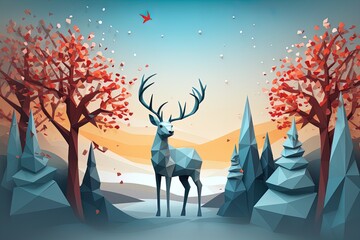 Discover a captivating winter scene adorned with two little deer, presented in a contemporary low-poly style. The modernist landscape features a blend of orange and cyan hues.