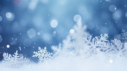 Fototapeta na wymiar Beautiful decorative snowflakes in the snow against a blue natural background with falling snow and bokeh. Christmas winter background for design - Generative AI 