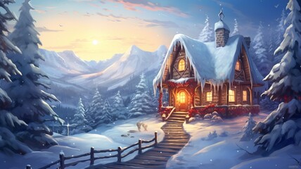 Christmas background with a snow-covered landscape, showcasing a charming wooden cabin adorned with...