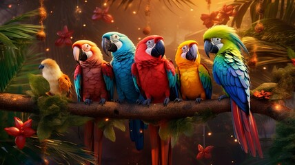 group of colorful tropical birds perched on a New Year's tree, surrounded by glittering ornaments, as they welcome the dawn of 2024 with their vibrant plumage.