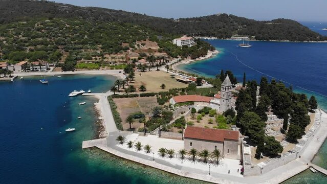 Vis island in Croatia. Harbor and town aerial view in Vis, Croatia. Prirovo peninsula.