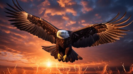 majestic eagle soaring in the sky, its wings outlined by the first light of the new year, symbolizing freedom and optimism for the future as it greets 2024. - obrazy, fototapety, plakaty