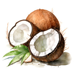 Coconut, Fruits, Watercolor illustrations - obrazy, fototapety, plakaty
