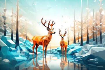 Discover a captivating winter scene adorned with two little deer, presented in a contemporary low-poly style. The modernist landscape features a blend of orange and cyan hues.