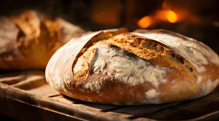 Artisan sourdough bread with a golden crust. Freshly baked in a bakery. Fire in the background