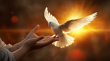 A flying dove in the hand as a symbol of hope - obrazy, fototapety, plakaty