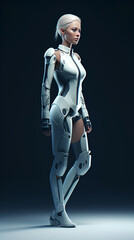 Young woman in dark futuristic costume on dark background. Fashion of future concept.