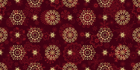Vector Christmas frame with golden snowflakes and stars, dark red background, seamless pattern