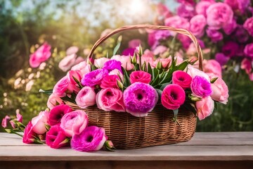 Beautiful pink Eustoma flowers in wicker basket on wooden table outdoors. Bokeh effect