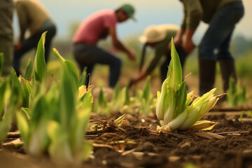 Onions growing in the garden with blurry people.