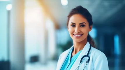 Fotobehang Smiling doctor standing in hospital background - ai generative © NAVIN