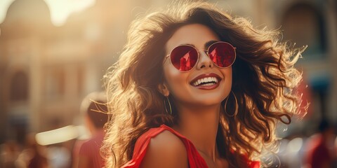 widok ładnej uśmiechniętej kobiety w czerwonych okularach - obrazy, fototapety, plakaty
