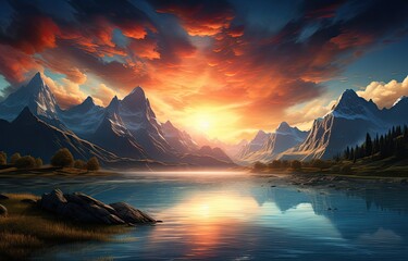 Spokojne jezioro w górach o zachodzie słońca.  - obrazy, fototapety, plakaty