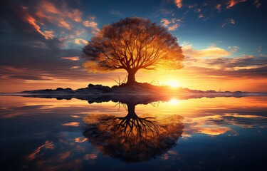 Słońce wyłaniające się zza samotnego drzewa nad wodą.  - obrazy, fototapety, plakaty