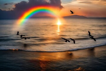 Heart of birds with rainbow - Birds silhouettes flying above the calm sea at sunset