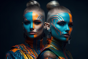 Portrait of two young beautiful women in futuristic costumes with bright makeup in teal and orange...