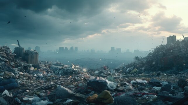 Polluted city with plastic waste. Environment pollution concept. Nature catastrophe. Garbage dump mountains. Urban background. Recycling toxic trash. Drone view global, warming. Messy stinky junkyard.