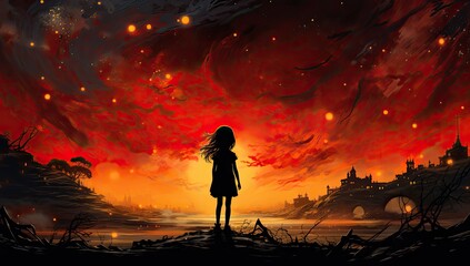 Mała dziewczynka oglądająca ognisto czerwone nocne niebo.  - obrazy, fototapety, plakaty