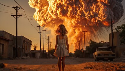 Mała dziewczynka oglądająca wybuch wojenny z wielkimi kłębami dymu.  - obrazy, fototapety, plakaty