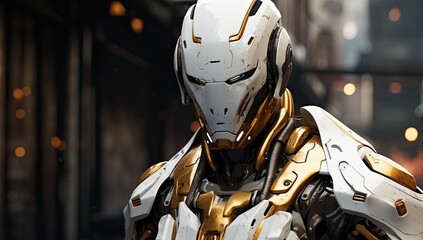 Futurystyczny robot cyborg w biało złotej zbroi  - obrazy, fototapety, plakaty
