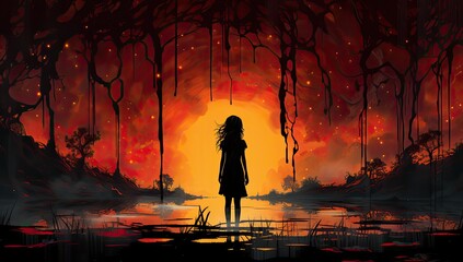 Mała dziewczynka oglądająca ognisto czerwone nocne niebo.  - obrazy, fototapety, plakaty