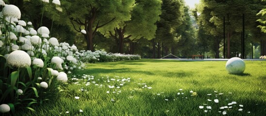 The design of the summer game in the beautiful park featured a stunning background of green grass and white textured elements blending seamlessly with the natural and organic beauty of the 