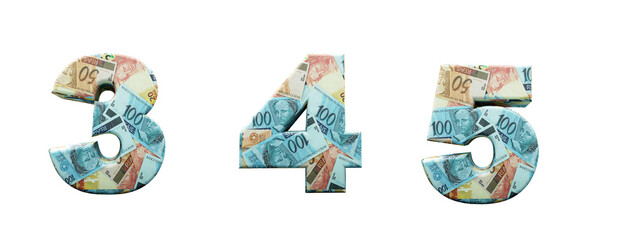 Brazil money alphabet. Numbers 3, 4, 5, formed with bills of 20, 50 and 100 reais. Font in 3d render isolated on white background, with clipping saved.