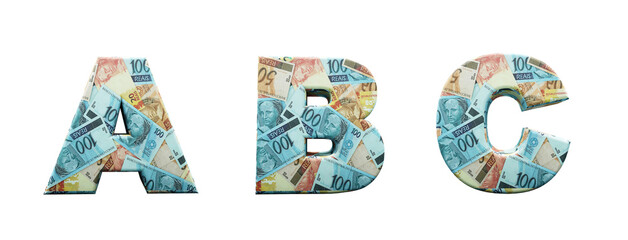 Brazil money alphabet. Letters A, B, C, formed with bills of 20, 50 and 100 reais. Font in 3d render isolated on white background, with clipping saved.