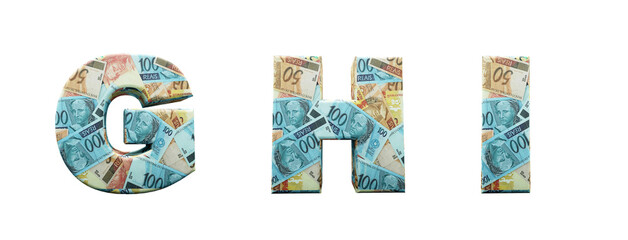 Brazil money alphabet. Letters G, H, I, formed with bills of 20, 50 and 100 reais. Font in 3d render isolated on white background, with clipping saved.