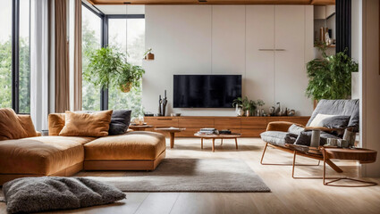 modern living room with sofa. modern small cupboards. natural light. natural color. interior design concept