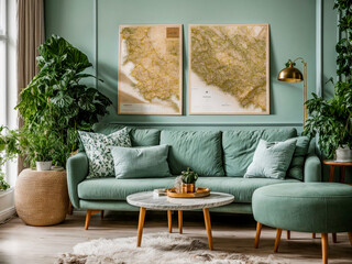 Modern cozy living room and blue wall texture background interior design. Interior design. natural light. natural color. interior design concept