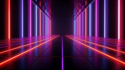 Neon light background pattern in red blue and pink, as a mirror room, vertical lines, modern design on a dark background