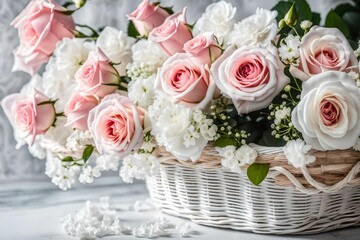 Beautiful rose and white flower composition in white basket, selective focus