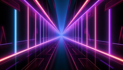 Obraz premium Neon light background pattern in red blue and pink, as a mirror room, vertical lines, modern design on a dark background