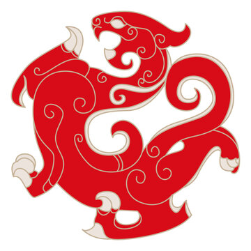 dragon. Red illustration on white background. Swirl claws horns tail wings mythical creature culture folklore symbols. Power ferocious art design graphics.