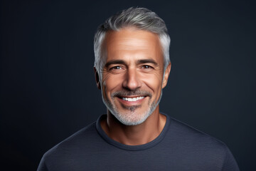 Adult man with smooth healthy face skin. Handsome aging mature man with gray hair and happy smiling touch face. - obrazy, fototapety, plakaty