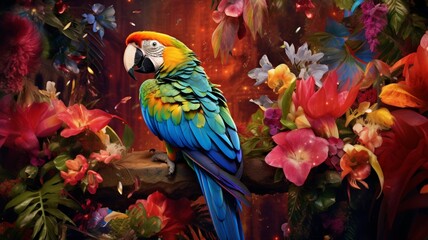 the spirit of New Year  with a cheerful parrot, its feathers adorned with vibrant decorations, perched on a branch amidst colorful flowers, adding a tropical touch to the celebration.