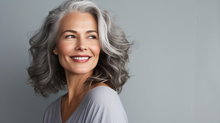 A woman with smooth healthy face skin. Beautiful aging mature woman with gray hair and happy smiling touch face