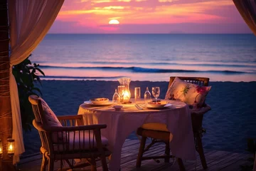 Küchenrückwand glas motiv A table set for a romantic dinner on the beach © Zaleman