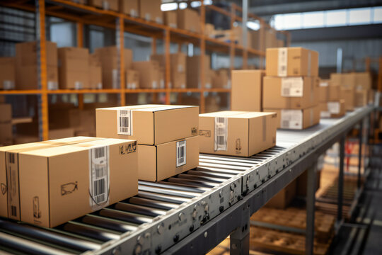 Cardboard box packages on a conveyor belt in a warehouse, ready for shipping