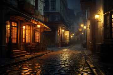 Fototapeta na wymiar A wet street in an old romantic city at night
