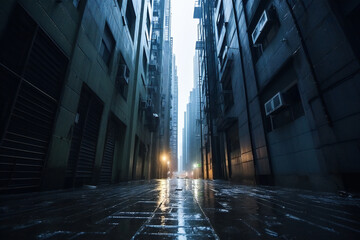 Narrow dark alley between skyscrappers in a big city after rain - obrazy, fototapety, plakaty