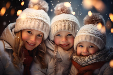 Fototapeta premium Three smiling little girls in winter